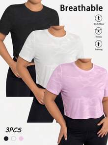 SHEIN Velisys 3pcs Casual Versatile Plus Size Back Mesh Patchwork Twist Knot Design Short Sleeve Sports T-Shirt Set - Multicolor - View 2