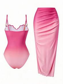 Swim Oasis Women's New Faux Pearl Shell Decor Ombre Spaghetti Strap Underwire One-Piece Swimsuit With Matching Skirt - Hot Pink - View 2
