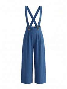 Balvessa Adjustable Gourd Buckle Criss-Cross Strap Metal Round Buckle Side Zipper High Waist Women's Long Pants - Blue - View 3