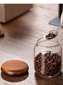 1Pc Glass Food Storage Containers With Airtight Wooden Lids, Glass Jars For Home & Office Use, Clear Glass Canisters For Tea, Coffee Beans, Nuts, Spices, Sugar, Overnight Oats, Cereal, Rice, Candy Storage - Clear - View 8