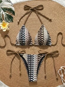Swim Vcay 女款夏季海灘拼色掛脖繫帶性感比基尼三角褲兩件式泳衣套裝 - 棕色 - 查看 1