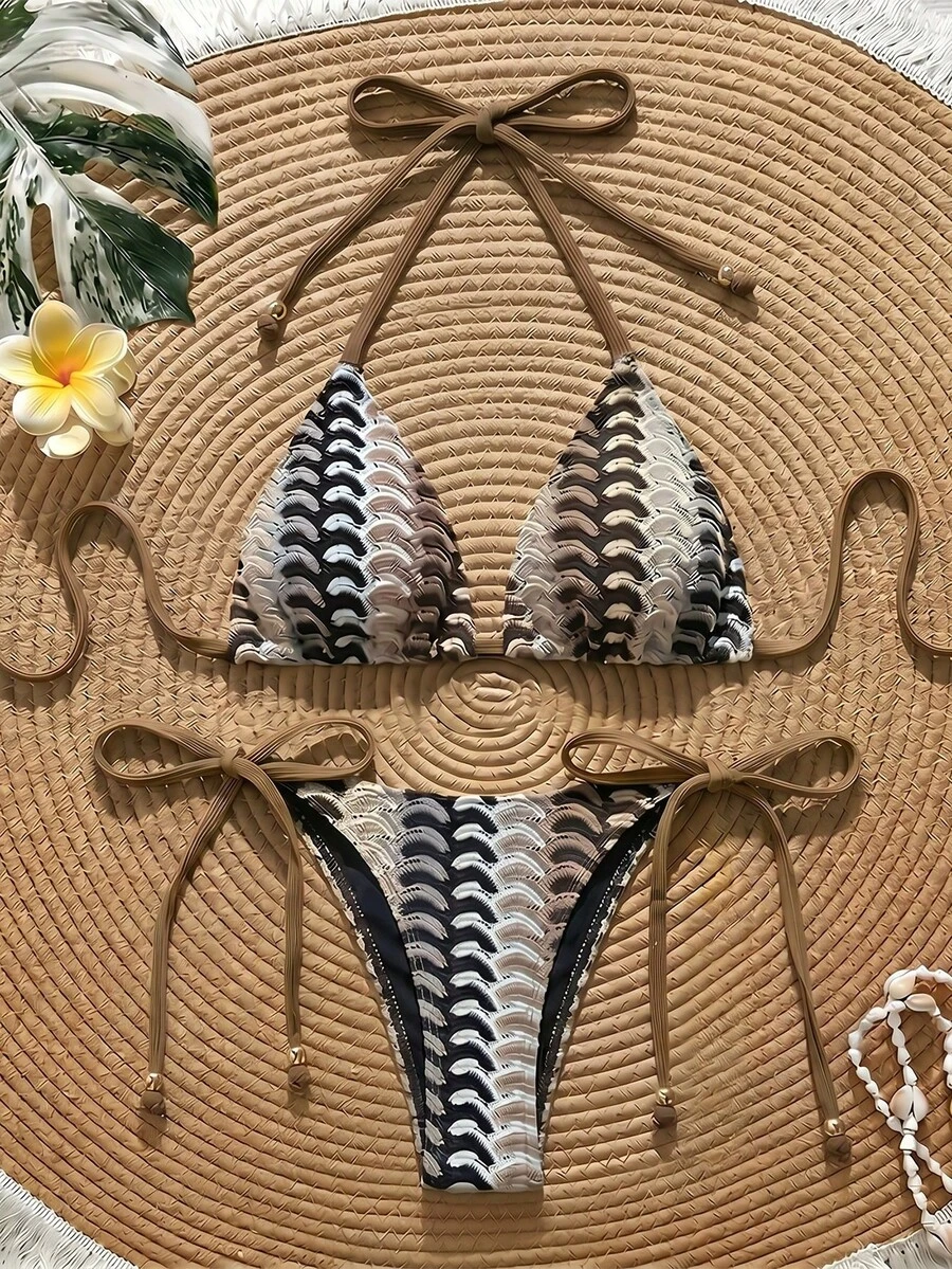 Swim Vcay 女款夏季海灘拼色掛脖繫帶性感比基尼三角褲兩件式泳衣套裝 - 棕色 - 查看 1