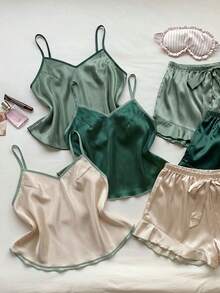 Comfortcana 3件套撞色荷叶边仿丝绸套装 - 彩色 - 查看 3