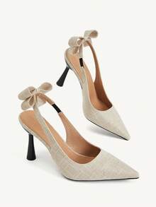 CUCCOO CHICEST Stylish Apricot Tweed Pointed-Toe High Heels With A Bow, Elegant, Comfortable, And Simple Design; Perfect For Parties And Banquets. - apricot linen - View 4