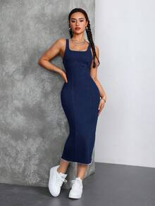 SHEIN Tall 方領露肩修身緊身牛仔中長洋裝，適合派對與度假，高個女性穿著 - 深色水洗藍 - 查看 3