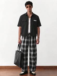 NORVETH Camisa de manga corta con cremallera y bolsillo utilitario de color liso para hombres - Negro - Ver 4