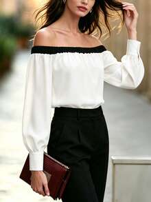Balvessa Black And White Color Block Off-Shoulder Elegant Commute Long Sleeve Women's Blouse - White - View 3