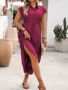Ceyna Women's Single-Thread Bamboo Linen Shirt Dress With Front Button Placket, Chest Pocket, Waist Tie Bow, Slits, Long Length, Mint Green, Elegant, Summer - Hot Pink - View 5