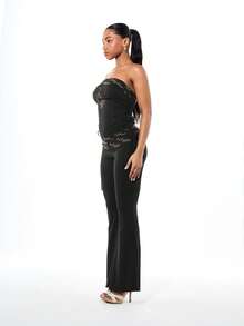 BABYPHAT Fold Over Printed Waist Flare Leggings With Logo Script Detail And Side Tie Strings - Black - View 5