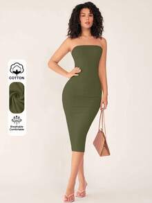 SHEIN BASICS 女款無肩帶修身緊身休閒性感晚餐洋裝 夏季女款晚裝 夜出約會夜店橄欖綠 - 軍綠色 - 查看 11