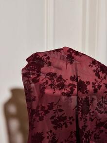 Slumberist Wine Red Mesh Flocked Sheer Lace Patchwork Bow Tie Strap Women's Nightgown - Burgundy - View 7