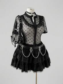 Sunspun Plus Size Spring/Summer Lace Polka Dot Hollow Out Sheer Blouse - Black - View 5