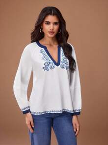 Glamance White Floral V-Neck Long Sleeve Blouse, Loose Boho Elegant Mature Casual Sexy For Outing, Work Brunch, Office, Daily, Party, Autumn - Blue and White - View 3