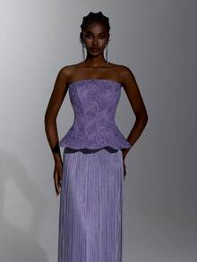 Elitara Elegant Queen Classical Lace 3D Floral Strapless Neckline Internal Boning Splice Tassel Long Dress Formal Wedding Guest Navy Blue Winter - Purple - View 5