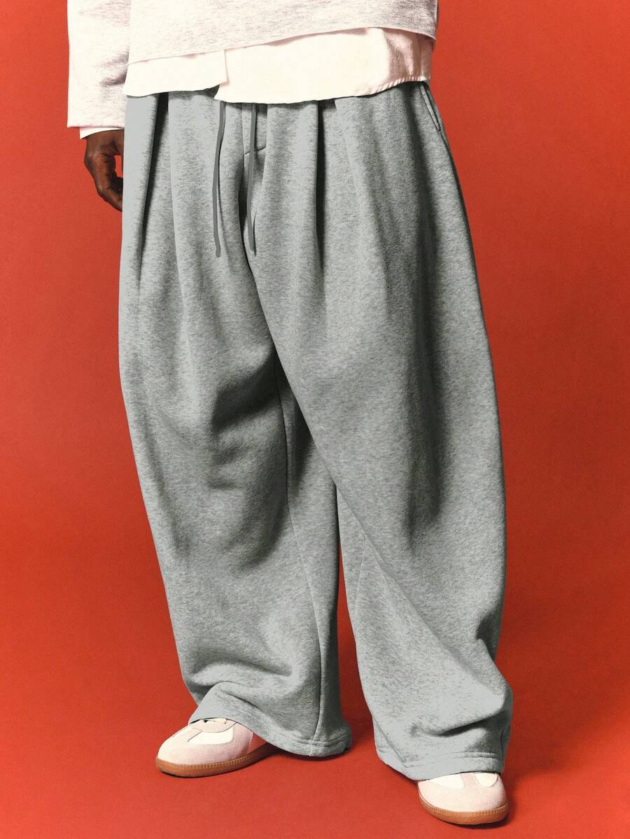 SUMWON Pleated Barrel Fit Sweatpants With Drawstring Waist Oversized Wide Leg Fleece Jogger Trousers - Grey - View 1