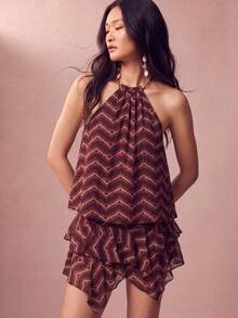 Willow Rêve Women's Brown Geometric Pattern Double Layer Chiffon Flirty Mini Skirt, Boho Style, Valentine's Day Style, Romantic Vacation Style, Travel,Skirt - Red - View 3