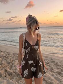 SHEIN MOD 女款度假休閒熱帶貝殼刺繡細肩帶連身褲，深棕色夏季海灘鄉村度假穿搭，適合派對、萬聖節、返校季 - 棕色 - 查看 2