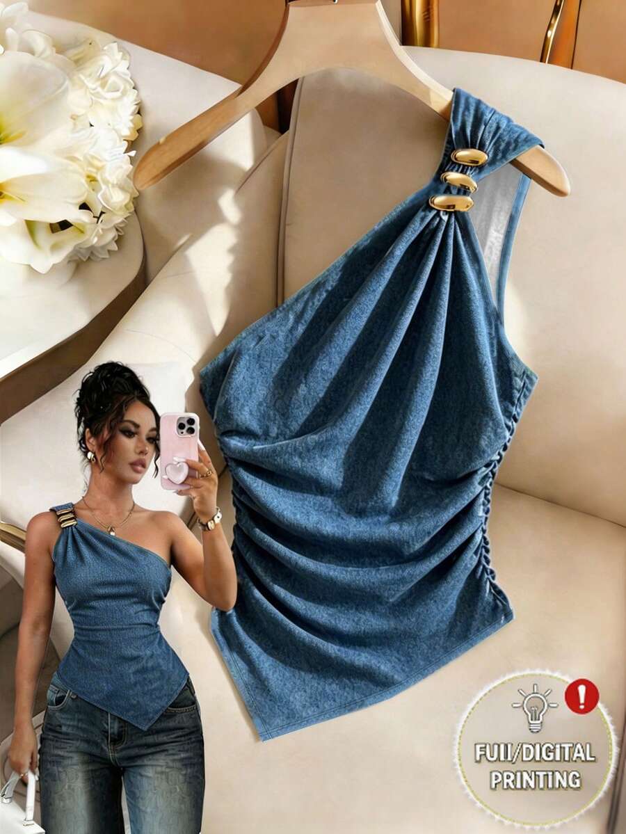 Rafferiza 女款紅色波點印花不對稱單肩金屬扣飾修身抓皺不對稱下擺襯衫/上衣/背心,情人節、約會、開學、夏季、海灘、度假、復古波點 - 藍色 - 查看 1