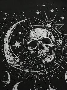 ROMWE Goth 深色哥德風骷髏星星月亮印花網布拼接大尺碼女款寬鬆T恤 - 黑色 - 查看 3