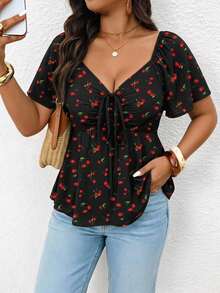SHEIN Frenchy Casual Spring/Summer Cherry Print Off-Shoulder Drawstring Plus Size Women's Black T-Shirt, Vacation Top - Multicolor - View 4