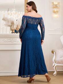 Reflora Plus Size Women's Off-Shoulder Long Sleeve 3D Floral Decor Lace Elegant Dress Fall - Blue - View 2