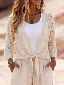 SHEIN Holidaya Cardigan Rajut Wanita Warna Polos Lengan 3/4 dengan Simpul Pinggang dan Lubang di Bagian Dalam - Aprikot - View 6