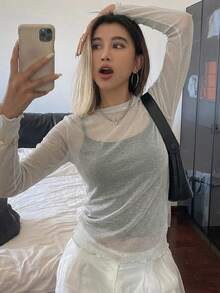 FRIFUL Women's Mesh Turtleneck Sheer Top, Layering Piece For Autumn - White - View 6