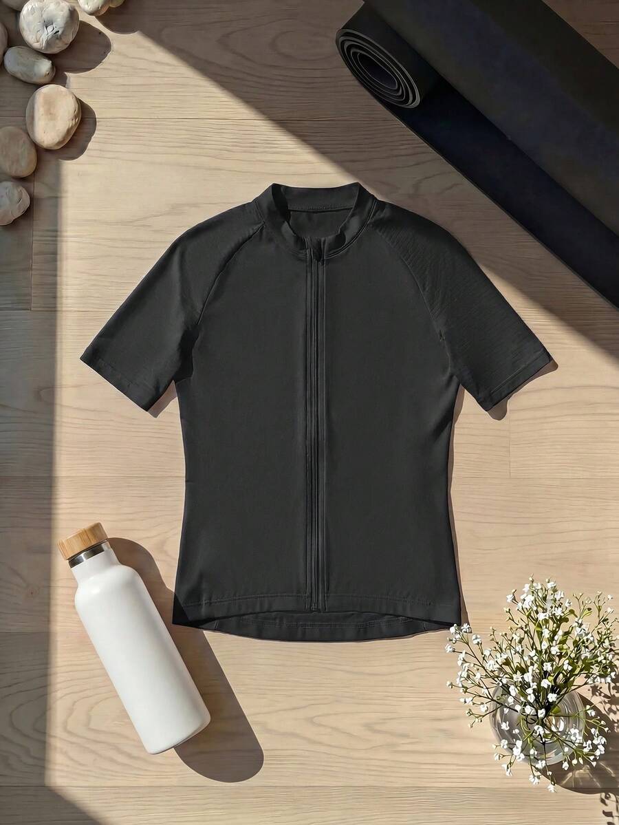 Cheerettes 女款純色拉鍊休閒日常旅行騎行短袖上衣 - 黑色 - 查看 1
