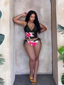 Slaydiva Conjunto de tankini con estampado floral de halter para vacaciones de verano de talla grande - Negro - Ver 5