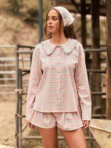WESTFADE Áo kiểu kẻ caro cổ bèo cài nút trước - Nhiều màu - Xem 5