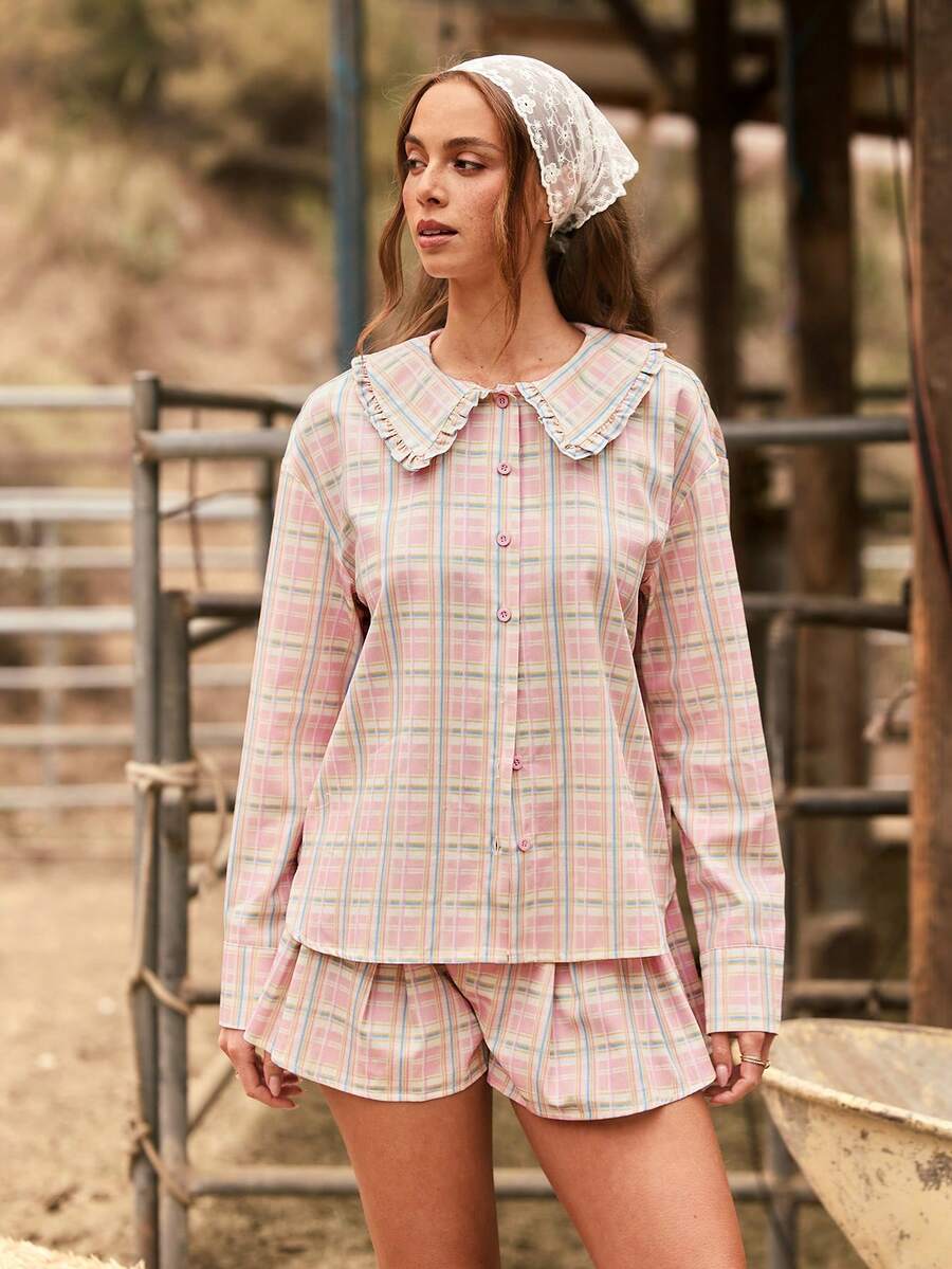 WESTFADE Ruffle Collar Button Front Long Sleeve Plaid Top, Autumn, Fall, Female Country Look, Cowgirl, Rodeo, Concert, Back To School - Multicolor - View 1