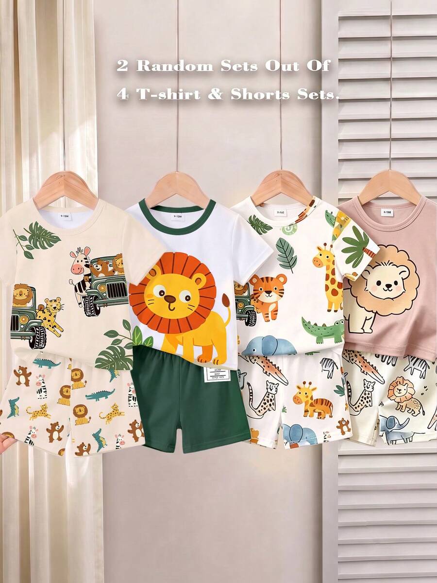 2 Random Sets Out Of 4 T-Shirt & Shorts Sets.Cute Animal Pattern, Striped Pattern, Number Pattern Printed Crew Neck T-Shirt Matched With Same Printed Shorts - Multicolor - View 1