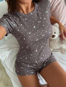 DAZY Ditsy Floral T-Shirt Short Sleeve Fitted Pajama Set - Rust Brown - View 3