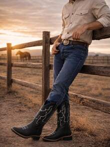 Genuine Leather Boots With Cowboy Rodeo Style Stitched Sole Skirt - negro - View 4