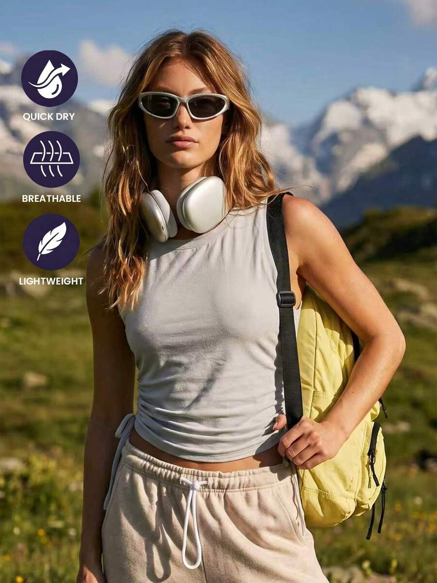 WanderVale Top sin mangas de mujer de unicolor con cuello redondo y cordón lateral para exteriores - Gris Claro - Ver 1