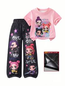 女童 T-Shirt 套裝，粉色短袖圓領 T-Shirt，附可愛卡通動漫印花與口袋，直筒長褲，2 件套服裝，夏季兒童時尚服飾，夏日活力氛圍，適合外出與上學，返校穿搭 - 粉色 - 查看 1