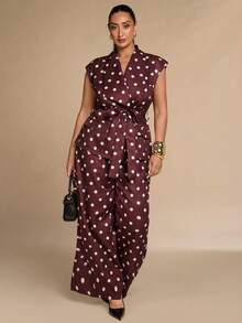 SHEIN BAE CURVE Plus Size Women's Business Polka Dot Tie-Up Jacket And Loose Long Pants Suit Set - Multicolor - View 4