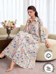 Al Najma 翻領棉質花卉印花喇叭袖洋裝 - 彩色 - 查看 6