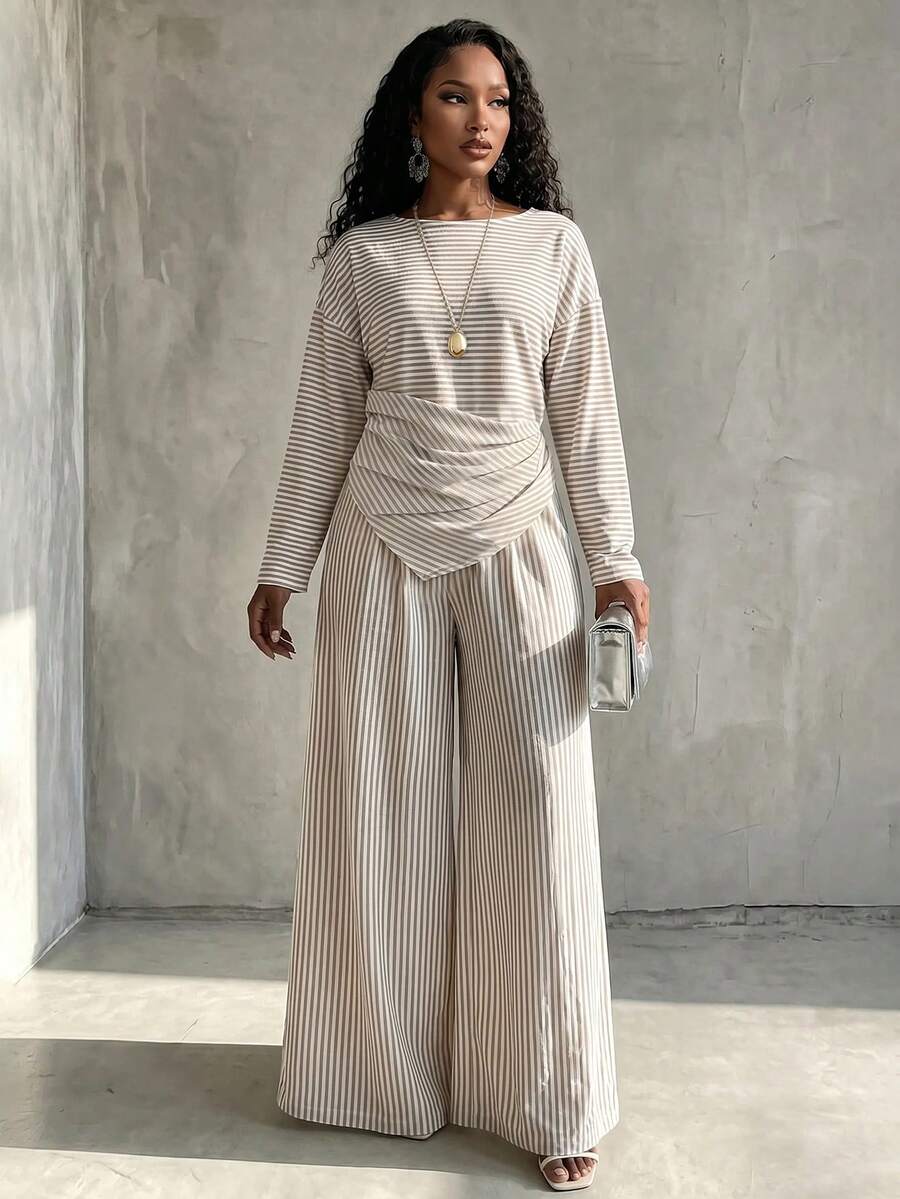 SHEIN Women's Fall White Asymmetric Ruched Two-Piece Set,Long-Sleeve Stripe Top With High-Waist Wide-Leg Pants,Occasion Wear For Daily Commute Vacation