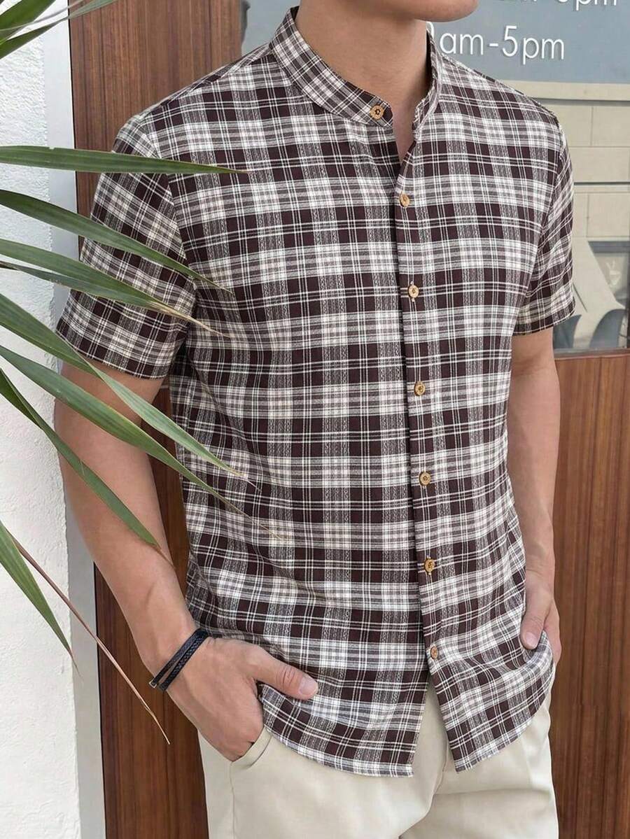 HIMLAND 男士格紋短袖單排扣休閒襯衫 - 棕色 - 查看 1