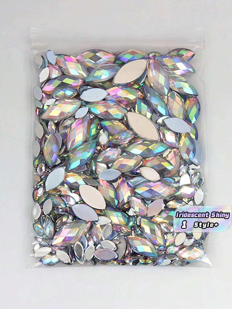 600PCS Various Sizes Acrylic Marquise Shape AB Coating Flatback 3D Non Hotfix Iridescent Shiny Rhinestones Nail Art Embellishments Wedding Decor Crafts DIY Jewelry Making Supplies - multicolor - View 1