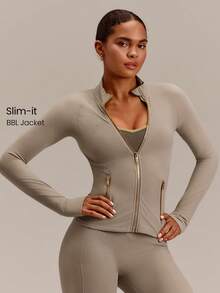 GLOWMODE FeatherFit™ Slim-It Streamline Performance Secure Pockets Zip Up Long Sleeve Jacket Low Impact Yoga Pilates Daily Spring Summer - Khaki - View 1