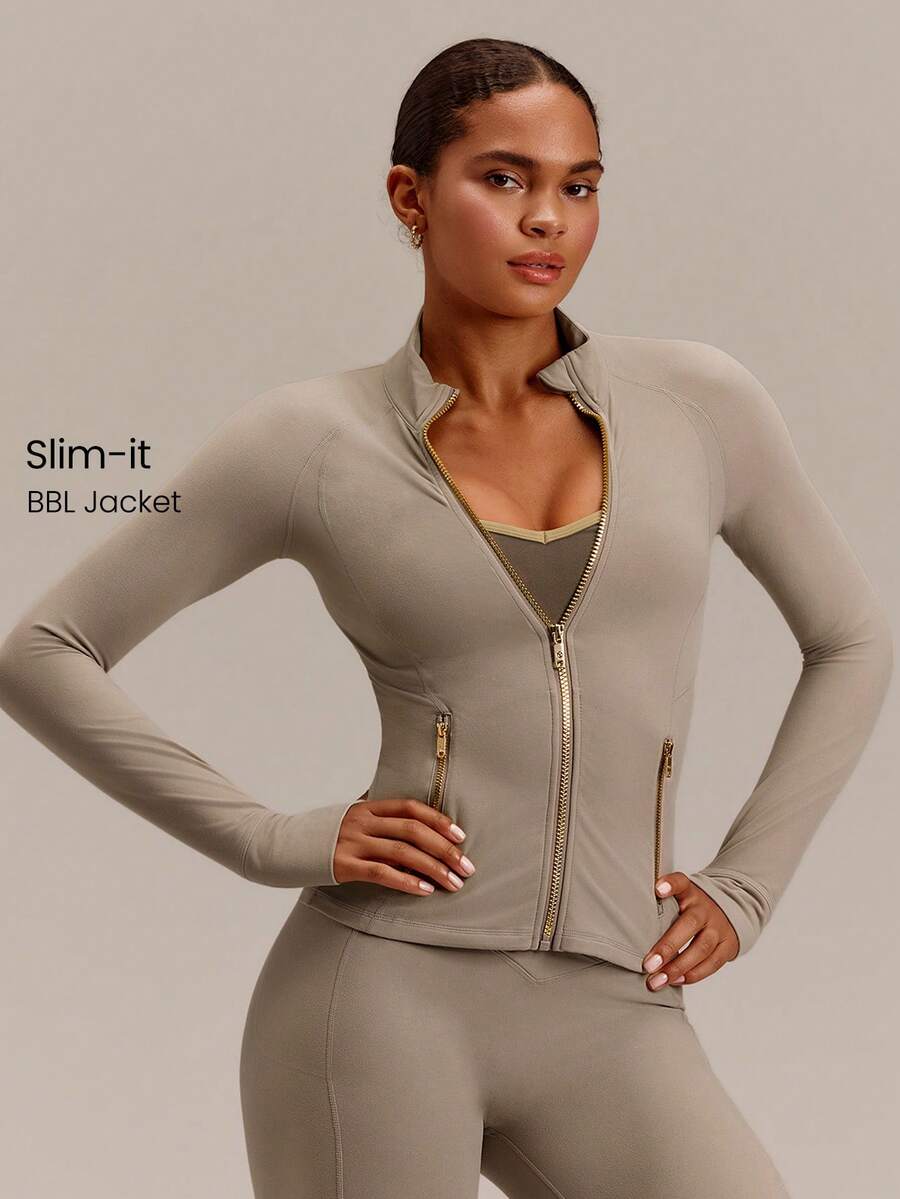 GLOWMODE FeatherFit™ Slim-It Streamline Performance Secure Pockets Zip Up Long Sleeve Jacket Low Impact Yoga Pilates Daily Spring Summer - Khaki - View 1