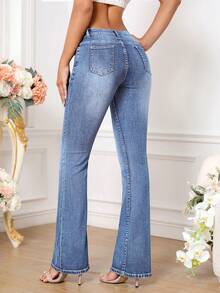 SHEIN Tall 女款前扣口袋簡約牛仔長褲，休閒日常穿著，適合高個女性 - 淺色水洗藍 - 查看 2