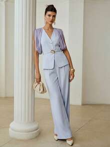 ZEYLAH Elegant Commuter Shawl Collar Sleeveless Blazer Vest - Baby Blue - View 1