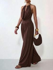 SHEIN x Rafa Kalimann Zivah Women's Solid Color Draped Neck Cowl Neck Fashion Jumpsuit For Vacation - Brown - View 4