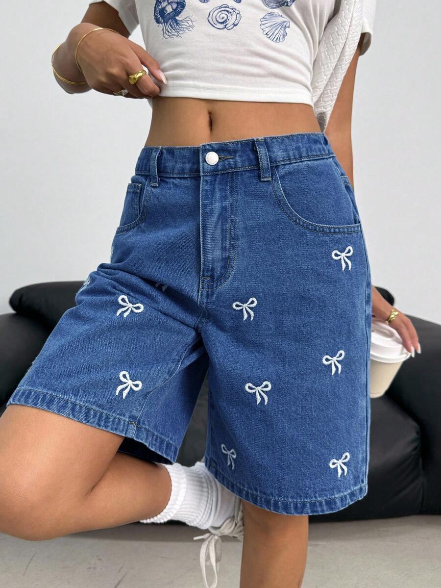 SHEIN شورت جينز كاجوال مع جيب مطرز بالفيونكة للمراهقات - أزرق داكن - مشاهدة 1