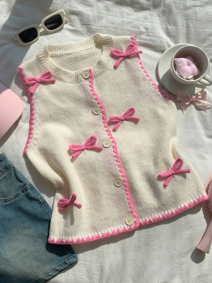 Comfortcana Women's Colorblock Trim Bow Decor Sleeveless Cardigan - Pink - View 1