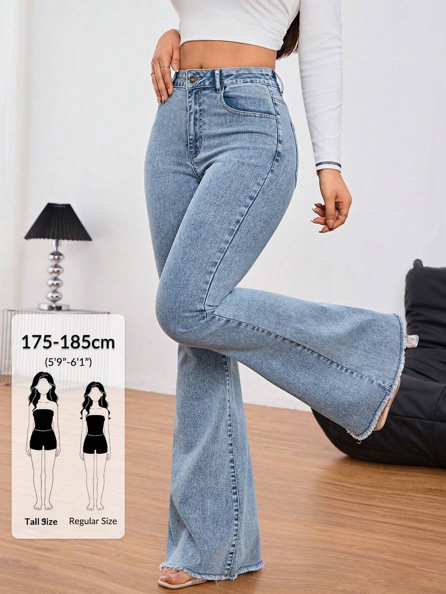 SHEIN Tall Jeans de pierna ancha con bolsillo, cremallera y botón de unicolor, adecuados para uso diario, para mujeres altas - Azul lavado medio - Ver 1