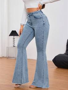 SHEIN Tall Jeans de pierna ancha con bolsillo, cremallera y botón de unicolor, adecuados para uso diario, para mujeres altas - Azul lavado medio - Ver 5